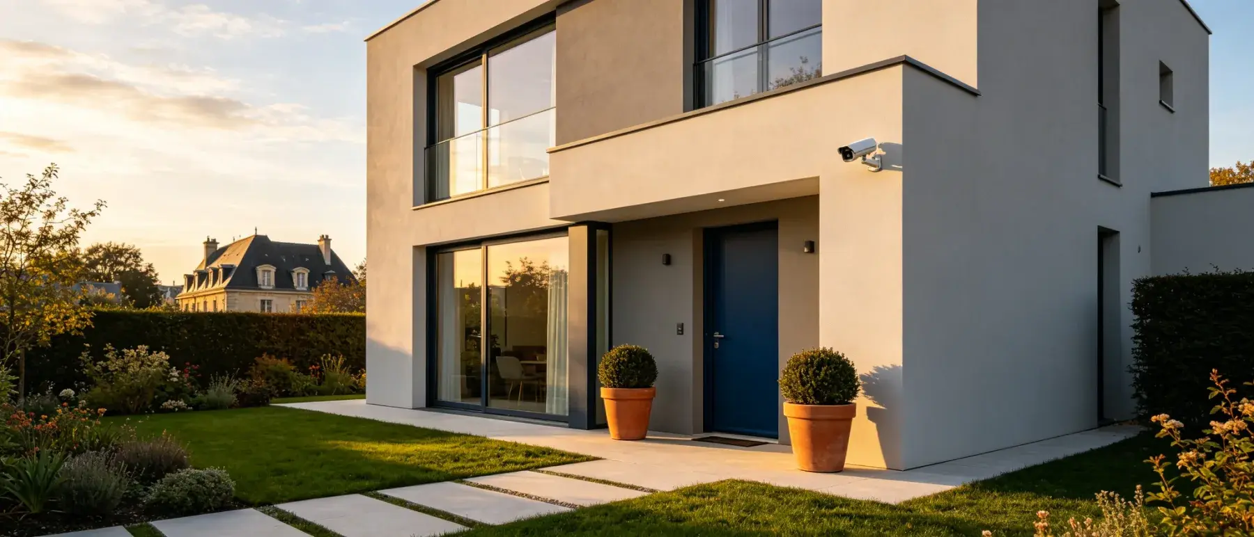 Caméra de sécurité installée sous l'auvent d'une maison contemporaine, à l'entrée principale